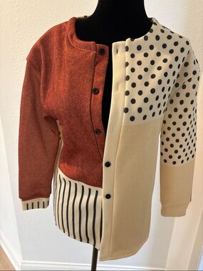 Colorblock Polka Dot & Stripe Button Cardigan - Rust & Cream
